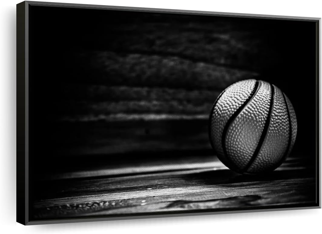 ElephantStock Basketball Wall Art - Horizontal Framed Canvas - 1-Piece Hallway Wall Decor - Photography sports Canvas Print - Black and Gray Decor for Wall - 37" X 25"