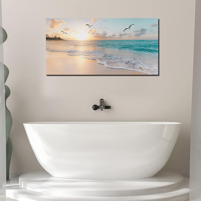 Beach Wall Art Decor for Living Room Ocean Canvas Picture for Wall Gold Sunset Painting for Bedroom Blue Seascape Theme Art Print for Bathroom Home Office Decoration Ready to Hang(20"×40")