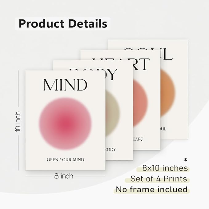 PLKMN Mind Body Soul Heart Wall Art Prints,Pink Energy Spiritual Positive Aura Posters For Room Aesthetic, Colorful Aura Poster Energy Wall Art for Bedroom Yoga 8x10 Inch Set of 4 Unframed