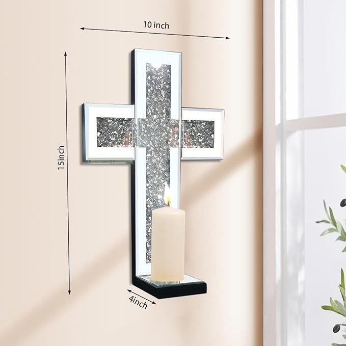 Crystal Crush Diamond Mirrored Candle Sconces, Silver Wall Candle Holder Set of 2, Wall Decoration for Living Room，Dining Room (Silver Cross)