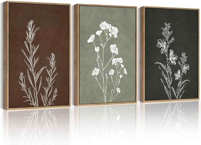 Drsoum Vintage Boho Flower Wall Art Framed Retro Botanical Floral Wall Prints Wildflower Neutral Rustic Bohemain Artwork Kitchen Bedroom Ready to Hang 11x14in Natural Framed