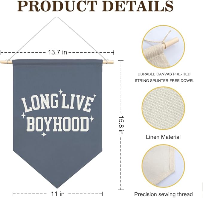 AGMDESIGN Long Live Boyhood Canvas Hanging Pennant Flag Banner, Kids Room Decor Flag, Boy Room Home Decor, Boy Nursery Decor, Kids Playroom Essentials, Birthday Christmas Gifts for Boys