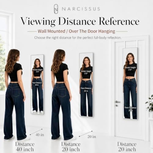 NARCISSUS Over the Door Full Length Mirror 47x14 Inch, Wall Mounted Dressing Mirror, Door Hanging Full Body Mirror HD Reflection Glass for Bedroom, Aluminum Alloy Frame Silver
