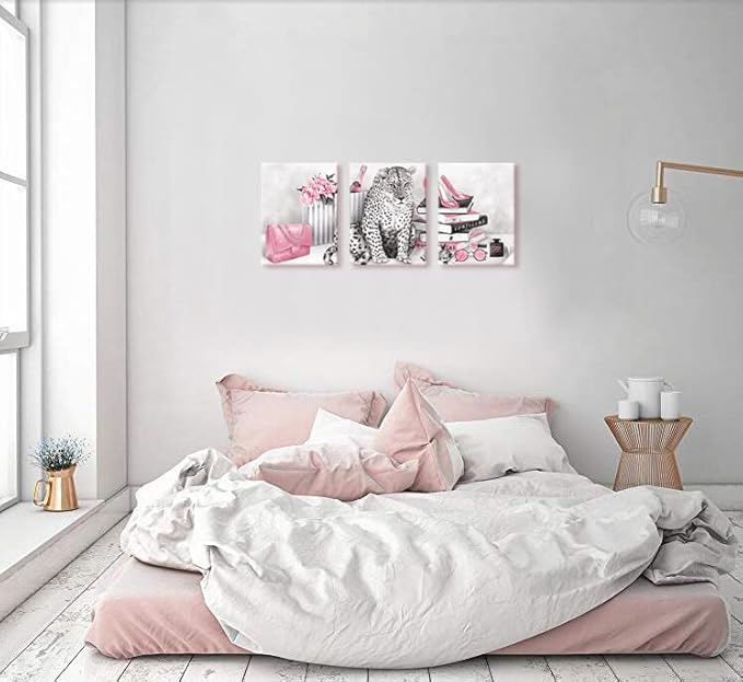 Visual Art Decor Glam Fashion Picture Pink Blush Wall Art Leopard Books High Heel Shoes Perfume Canvas Prints for Modern Home Office Woman Girl Makeup Bedroom Wall Decoration Creative Design Gift