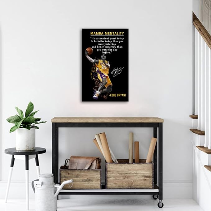 Kobe Bryant Poster Canvas Wall Art • Mamba Mentality Quote Canvas Wall Art • Basketball Player Sports Home Decor • Motivational Artwork For Home,Office,Gym Wall Decor Framed Ready to Hang