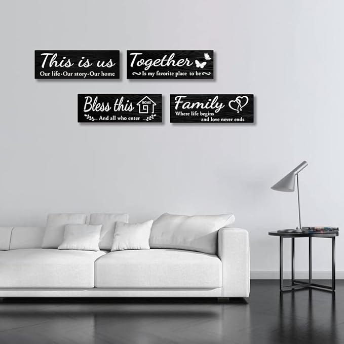 4 PCS Home Wall Decor Signs, Rustic Wooden Living Room Hanging Decorations with Quotes THIS IS US/TOGETHER/BLESS THIS/FAMILY, Housewarming Gifts for Wedding Kitchen