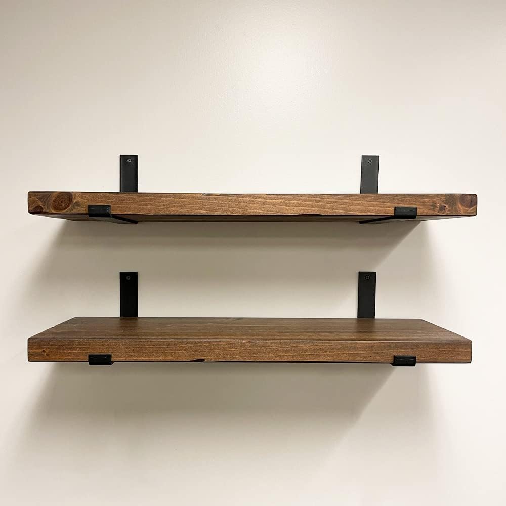 Rustic Shelves with J-Brackets Set of 2, Industrial Shelf, Kitchen Shelves, Solid Wood, Decorative Wall Storage, Heavy Duty, URBANDI (Provincial, 36Wx10D)