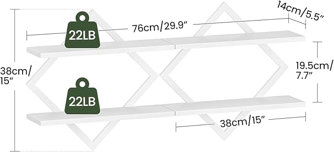 Floating Shelves, Set of 2 Wall Shelves, 2-Tier Hanging Shelves, Wall Shelf Set of 2, for Living Room, Bedroom, Kitchen, Office, Study, White TBJ01P2WB