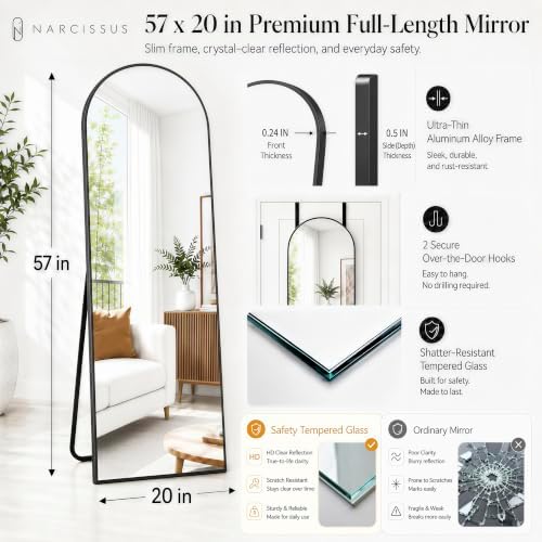 NARCISSUS Full Length Mirror 57x20 Inch, Over The Door Mirror with Stand, Wall Mounted or Freestanding/Door Hanging Full Body, Aluminum Alloy Frame, Black