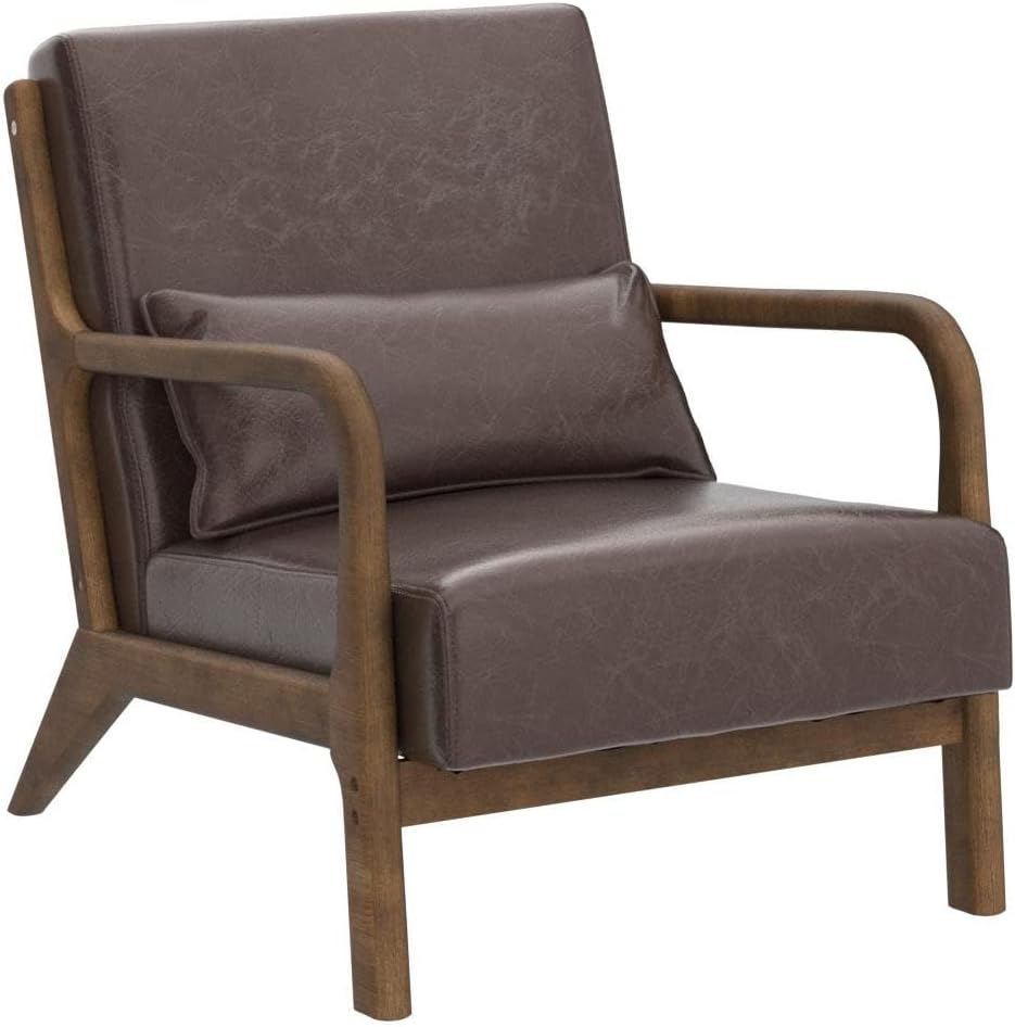 Glitzhome 30.75 "H Mid Century Coffee Accent Armchair, Single Reading Armchair PU Leather Lounge Chair with Walnut Ruberwood Frame