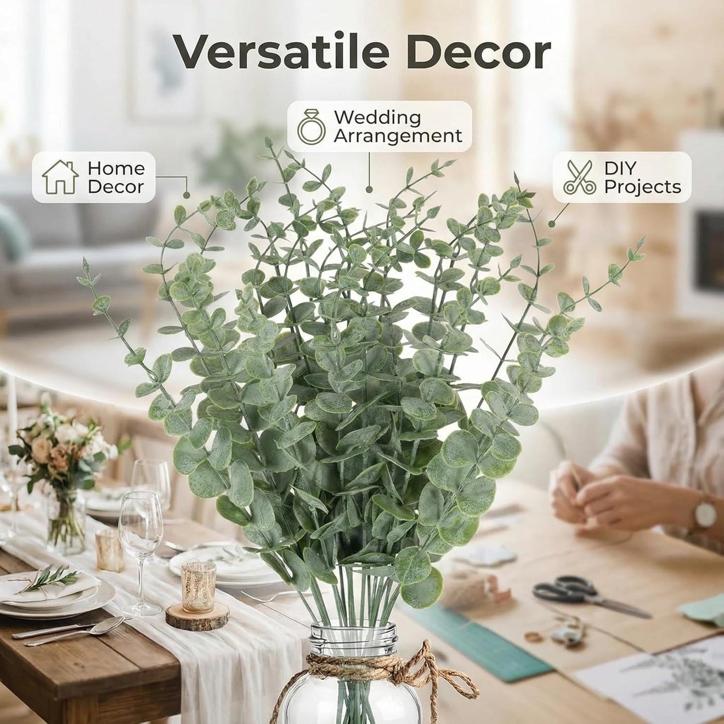 Artificial Eucalyptus Stems 20 Pcs - Frosted White Fake Eucalyptus Leaves, 14.5" Plastic Greenery for Wedding Bouquets, Centerpieces, Home Decor and DIY Floral Arrangements