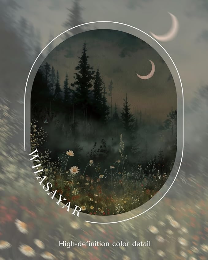 WHASAYART Moonlit Forest Wall Art 12x16 Framed Wildflower Meadow Canvas Print, Rustic Nature Night Landscape Artwork Moody Dark Crescent Moon Botanical Flowers Trees Art, Aesthetic Bedroom Home Decor