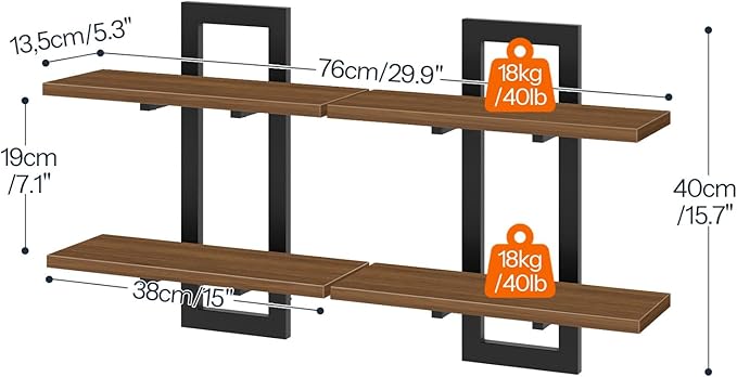 HOOBRO Floating Shelves, 15 Inch Wall Shelf Set of 2, Wall Mounted Storage Shelves 2-Tier, Hanging Bathroom Shelves, for Living Room, Bedroom, Bathroom, Kitchen, Walnut and Black BH32BJ01