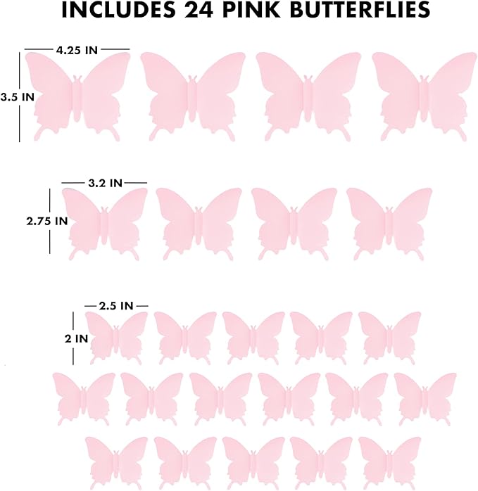 Cute Pink Butterfly Wall Decor 24 pcs, Girls Room Wall Decals, Danish Pastel Aesthetic Butterflies Stickers for Nursery Decorations, Baby Toddler Room Decor for Girls