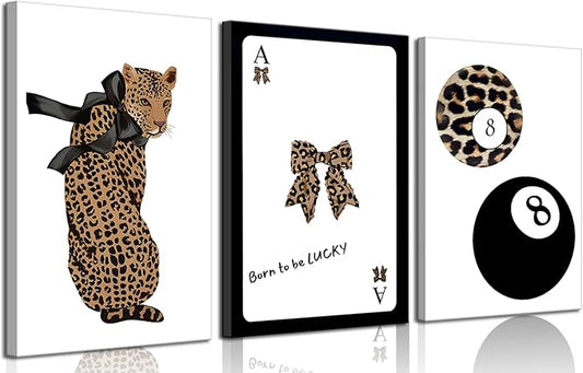 Set of 3 Trendy 8 Ball Leopard Canvas Wall Art Ace Card Bow Wall Decor Pictures Funky Born To Be Lucky Posters Prints Preppy Aesthetic Cheetah Room Decor for Girls Bedroom Apartment Dorm 12x16in