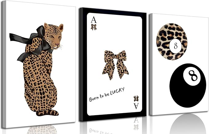 Set of 3 Trendy 8 Ball Leopard Canvas Wall Art Ace Card Bow Wall Decor Pictures Funky Born To Be Lucky Posters Prints Preppy Aesthetic Cheetah Room Decor for Girls Bedroom Apartment Dorm 16x24in