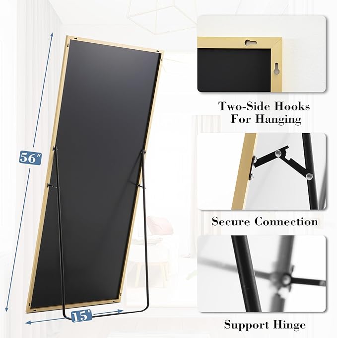 DUMOS Full Length Mirror with Stand 15"x56" Floor Standing Aluminum Frame for Bedroom Body Hanging Leaning Modern Simple Home Decor Shatter-proorf Nano Glass Wall Living Room Cloakroom, Gold