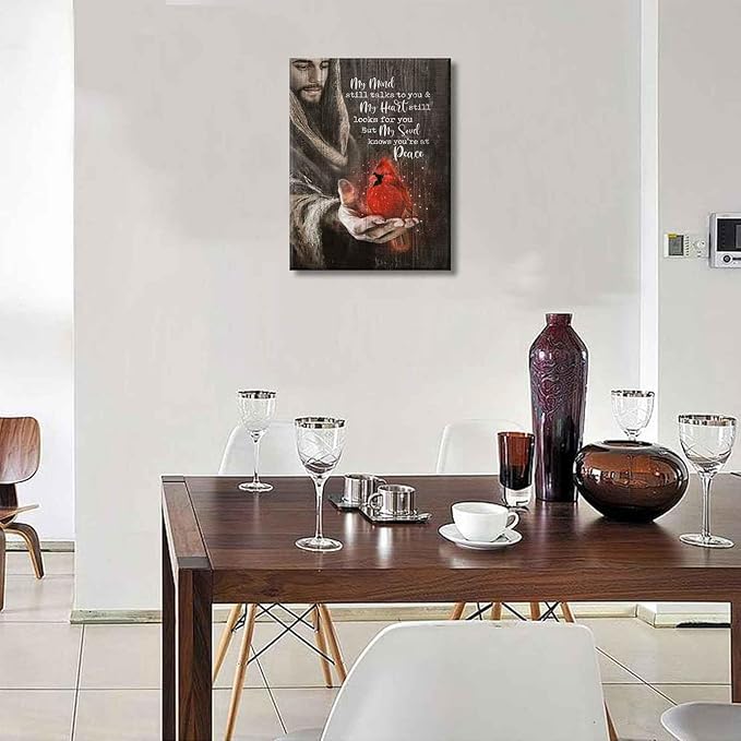 Jesus Cardinal Canvas Wall Art God Christian Decor Red Birds Cardinal Pictures Wall Decor Dining Room Bedroom Office Church Prayer Room Poster Prints Painting Artwork Home Decorate