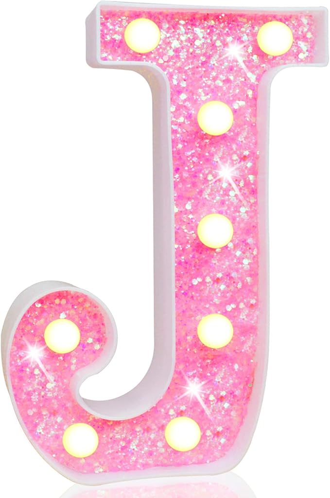 Pooqla LED Marquee Letter Lights, Light Up Pink Letters Glitter Alphabet Letter Sign Battery Powered for Night Light Birthday Party Wedding Girls Gifts Home Bar Christmas Decoration, Pink J