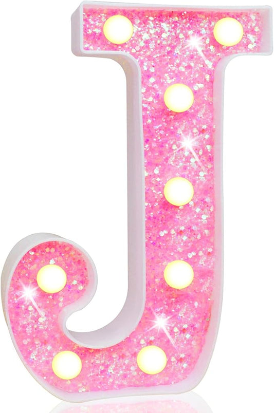 Pooqla LED Marquee Letter Lights, Light Up Pink Letters Glitter Alphabet Letter Sign Battery Powered for Night Light Birthday Party Wedding Girls Gifts Home Bar Christmas Decoration, Pink J
