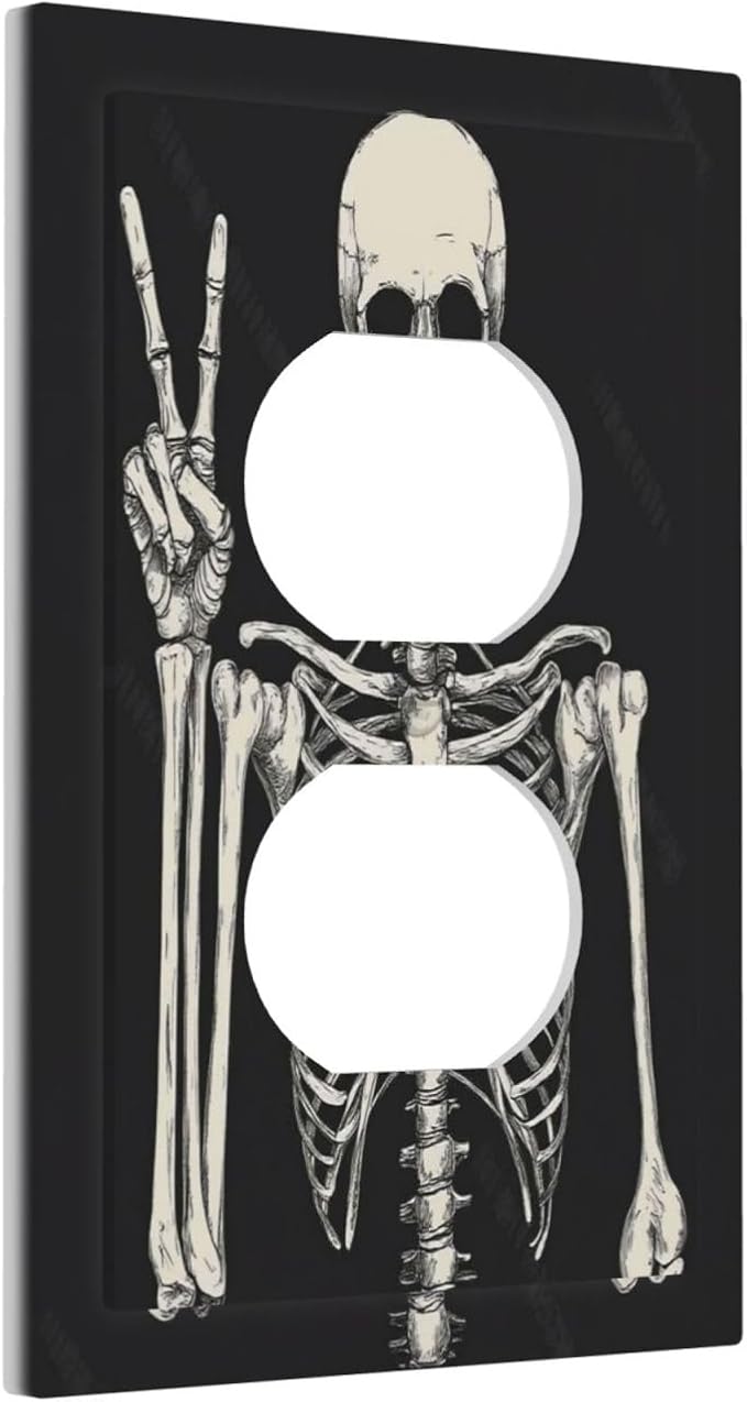 Outlet Covers Skeleton Skull Boho Hippie Dark Background 1 Gang Duplex Light Switch Cover Decorative Switch Plates Electrical Receptacle Faceplate Wall Plate For Cabin Office Decor