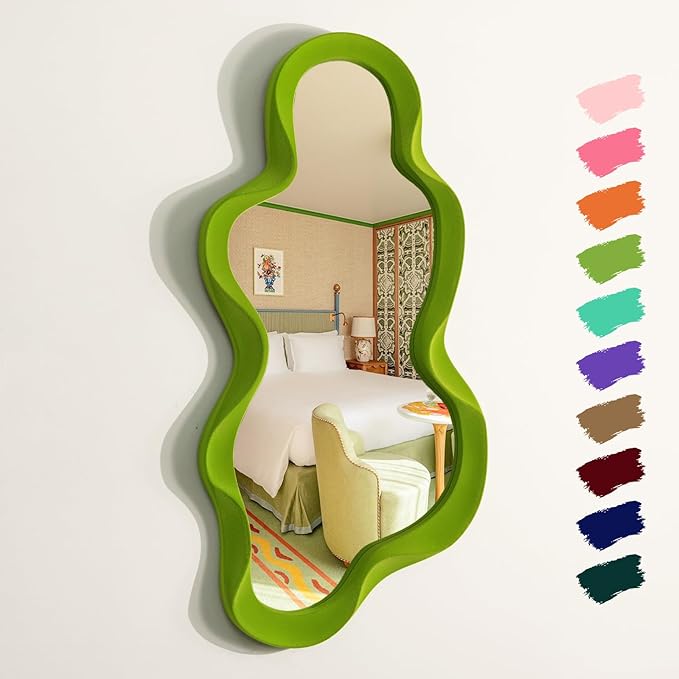 Green Wall Mirror Decor for Hallway Entryway, Large 13.8x29.7 Asymmetrical Decorative Mirrors for Home Office Living Room, Funky Home Decor for Housewarming Christmas Wedding Gift (Lawn Green)