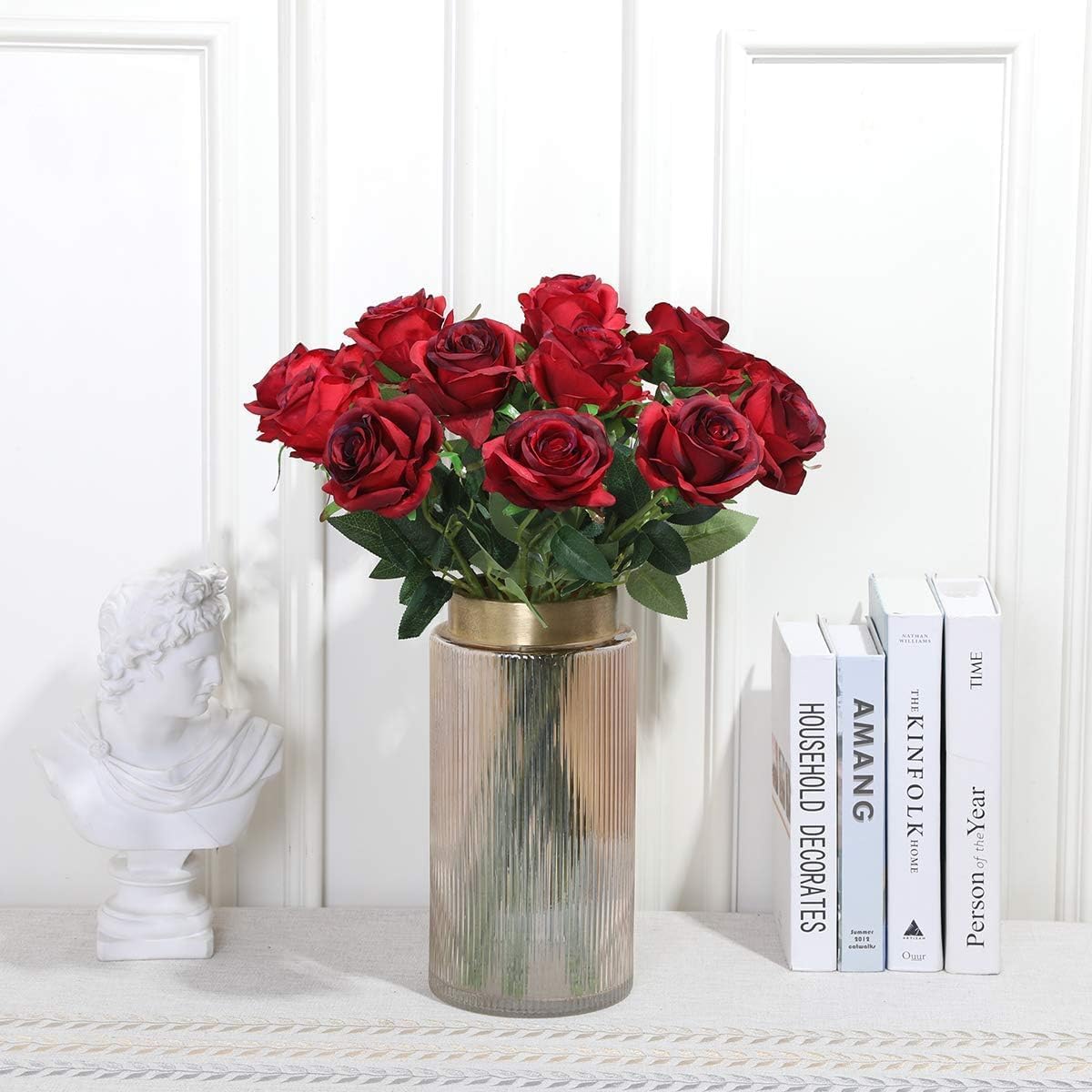 Burgundy Fake Roses Artificial Flowers - 16 Pcs Fake Artificial Roses Silk Flowers with Stems for Home Wedding Hotel Office Centerpiece Decor（Burgundy）