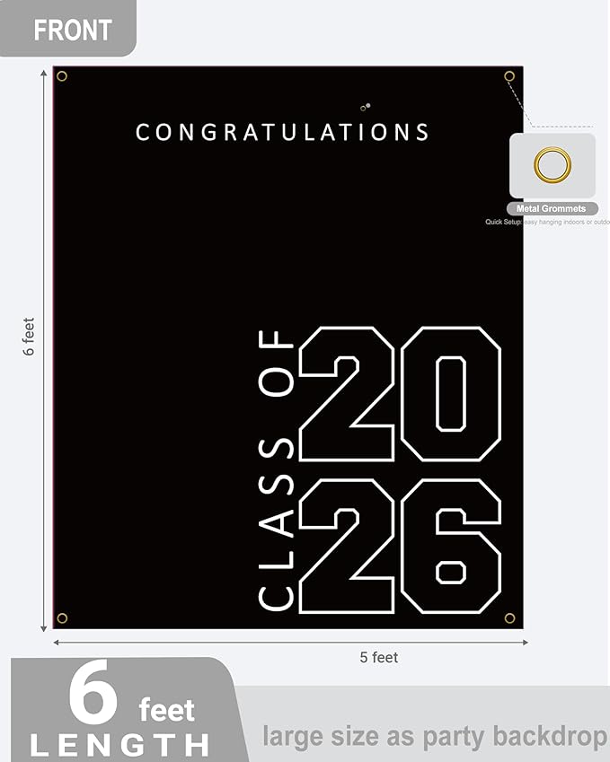 Class of 2026 Graduation Banner 5X6feet - Large CONGRATS GRAD Polyester Banner, Photo Backdrop & Wall Decor for Commencement Party Supplies, Black and White Graduation Party Decorations for High School & College
