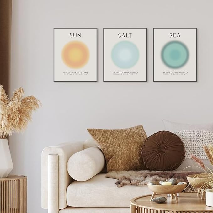 PLKMN Aura Poster Set of 3, Sun Salt Sea Posters, Coastal Room Decor, Beach Energy Aura Posters for Room Aesthetic, Colorful Aura Wall Art for Bedroom Yoga, 8x10 Inch (Unframed)