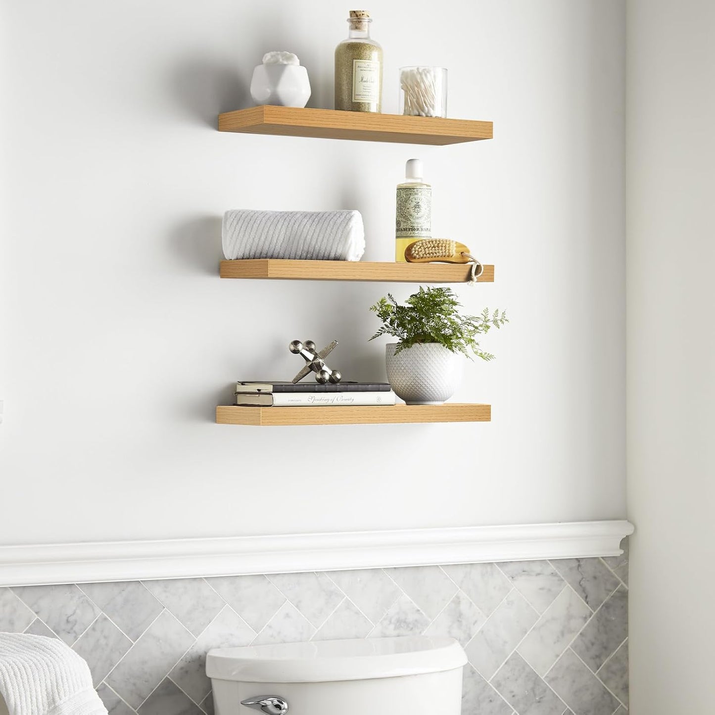 BAYKA Floating Shelves for Wall, Wall Mounted Rustic Wood Shelves for Bathroom, Bedroom, Living Room, Kitchen,Small Hanging Shelf for Books/Storage/Room Decor (Oak-Toned, Set of 3, 15.7in)