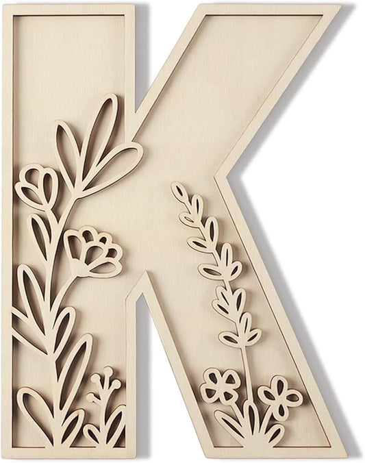 Layered 12 Inch Large Wooden Letters for Wall Decor, Flowered Paintable Wooden Nursery Letters for Crafts Wood Alphabet Letter K for Birthday Boho Nursery Name Sign Wedding Home Decoration