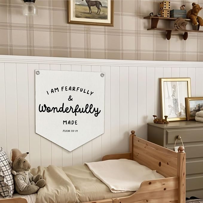 Bible Verse Banner – "I Am Fearfully and Wonderfully Made" Linen Wall Hanging, Religious Decor for Kids Room, Nursery, Classroom, 12.4x14 in