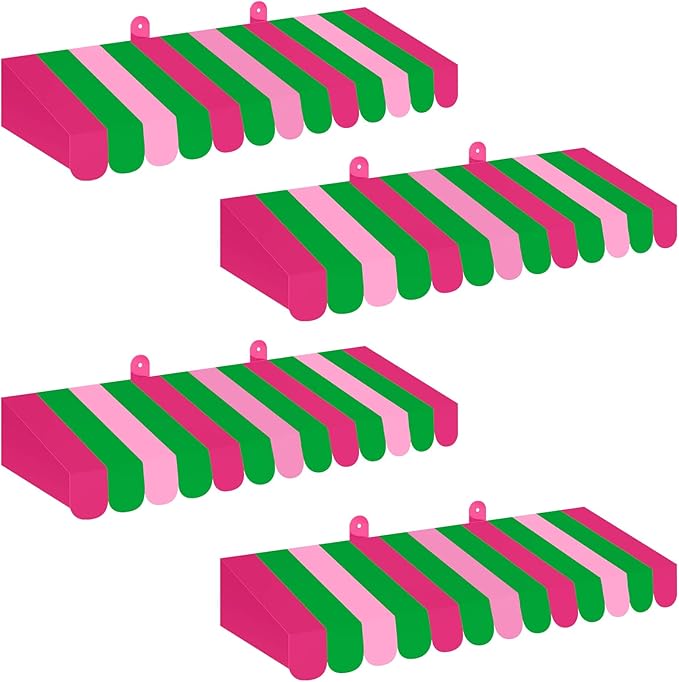 Boao 4 Pack Circus Awning Decoration 3D Stripe Cardboard Awning Carnival Wall Decor Circus Party Favors for Lemonade Stand Bakery Ice Cream Truck Bulletin Board Decor(Red Pink and Green)