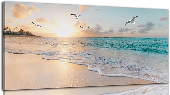 Beach Wall Art Pictures for Living Room Ocean Canvas Wall Art Decor Beach Scene Painting for Bedroom Blue Seascape Theme Art Print for Home Office Decoration Ready to Hang(24"×48")
