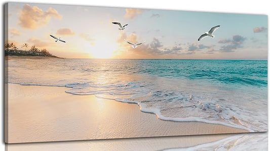 Beach Wall Art Pictures for Living Room Ocean Canvas Wall Art Decor Beach Scene Painting for Bedroom Blue Seascape Theme Art Print for Home Office Decoration Ready to Hang(24"×48")