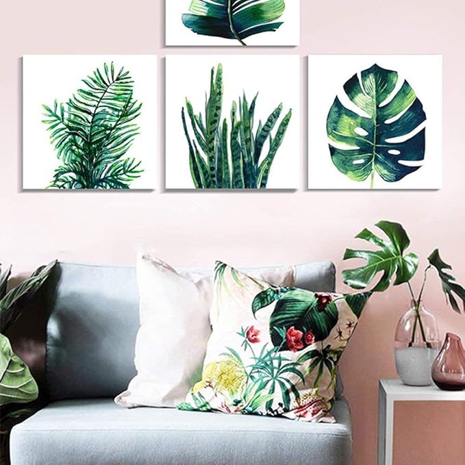 YOOOAHU Green Leaf Wall Art Room Decor Bathroom Bedroom Home Decoration Watercolor Painting Pictures Framed Canvas Prints Boho Tropical Plant Leaves Monstera Botanical White Set of 4 Pcs 20 × 20 Inch