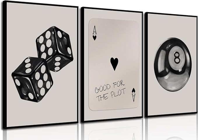 3Pcs Black and White Poker Dice Wall Art Funky Retro Y2K Trendy Preppy Pictures Lucky 8 Ball Poster Canvas Prints Artwork Painting for Game Room Apartment Dorm Aesthetic Decor 16x24in Unframed