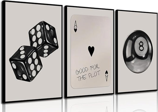 3Pcs Black and White Poker Dice Wall Art Funky Retro Y2K Trendy Preppy Pictures Lucky 8 Ball Poster Canvas Prints Artwork Painting for Game Room Apartment Dorm Aesthetic Decor 16x24in Unframed