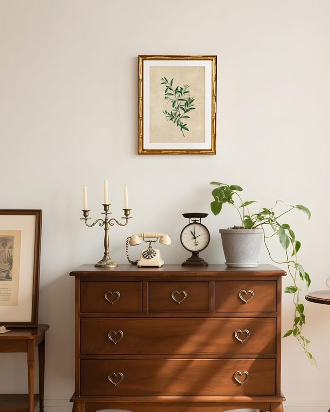 InSimSea Gold Bamboo Framed Canvas Wall Art, Vintage Olive Flower Botanical Prints, Antique Picture Frame with Mat, Victorian Home Wall Decor for Kitchen Dining Living Room Bedroom, 11x14inch