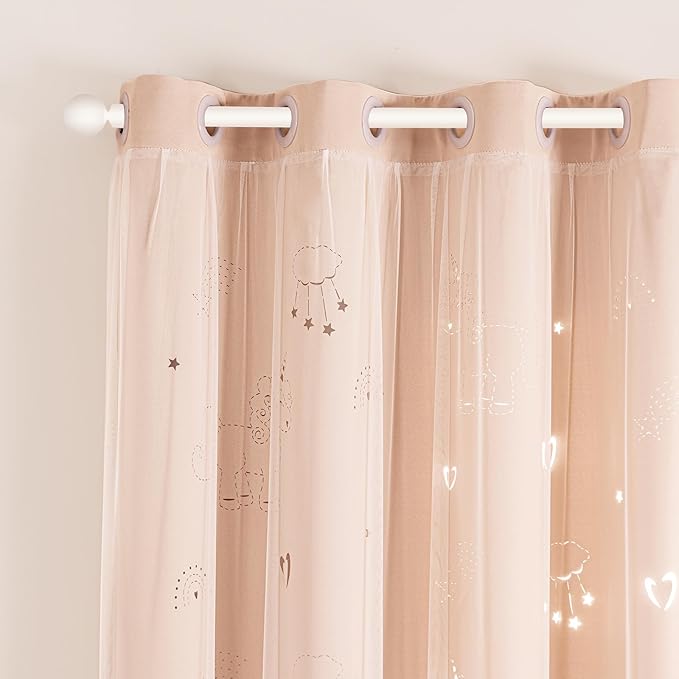 UNISTAR 2 Panels Unicorn Curtains for Kids Girls Bedroom Aesthetic Living Room Decor Double Layer Star Cut Out Baby Pink Window Wall Home Decoration,W52 x L63 Inches