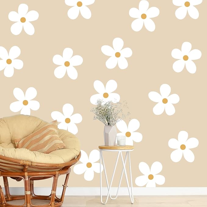 TaoBary 12 Sheet Daisy Wall Sticker Decal Removable Cute Daisy Bedroom Room Decor Flower Wall Sticker Pink White Flower Decal Wallpaper Peel and Stick for Nursery Home(White, Yellow,Charming Style)