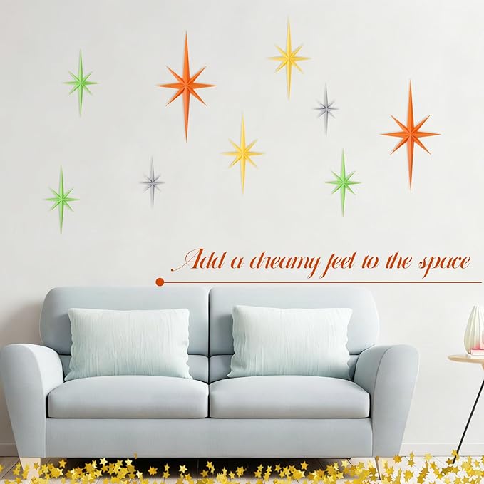 Mid Century Modern Wall Deco,6 Pcs 3D Retro Starburst Art Wall Sculpture, 8 Pointed Atomic Stars Whimsigoth Home Decor Vintage Wall Decor