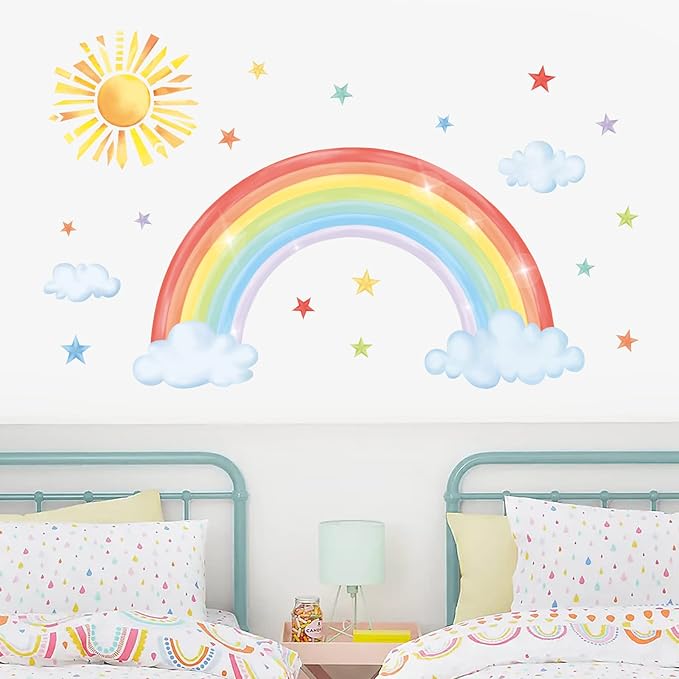 decalmile Large Rainbow Wall Decals Sun Cloud Star Wall Stickers Baby Nursery Girls Bedroom Living Room Wall Decor