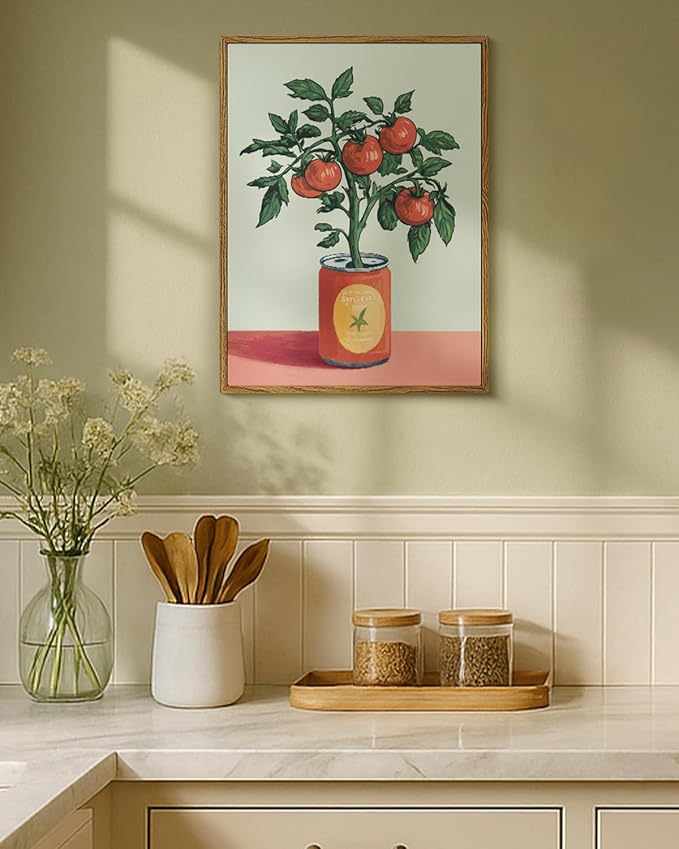 WHASAYART Retro Tomato Plant Growing from Can Framed Wall Art 12x16 Inch, Vintage Vegetable Botanical Food Canvas Print, Pantry Cafe Kitchen Dining Room Farmhouse Decor