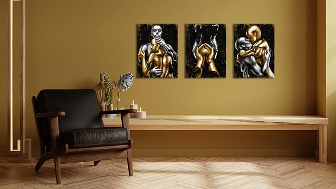 Visual Art Decor Black and Gold Love Decor Grey & Gold Hugging Couple Bedroom Wall Decor Picture Art Prints Framed Canvas Print (Black, 12x16inchx3 Pieces)