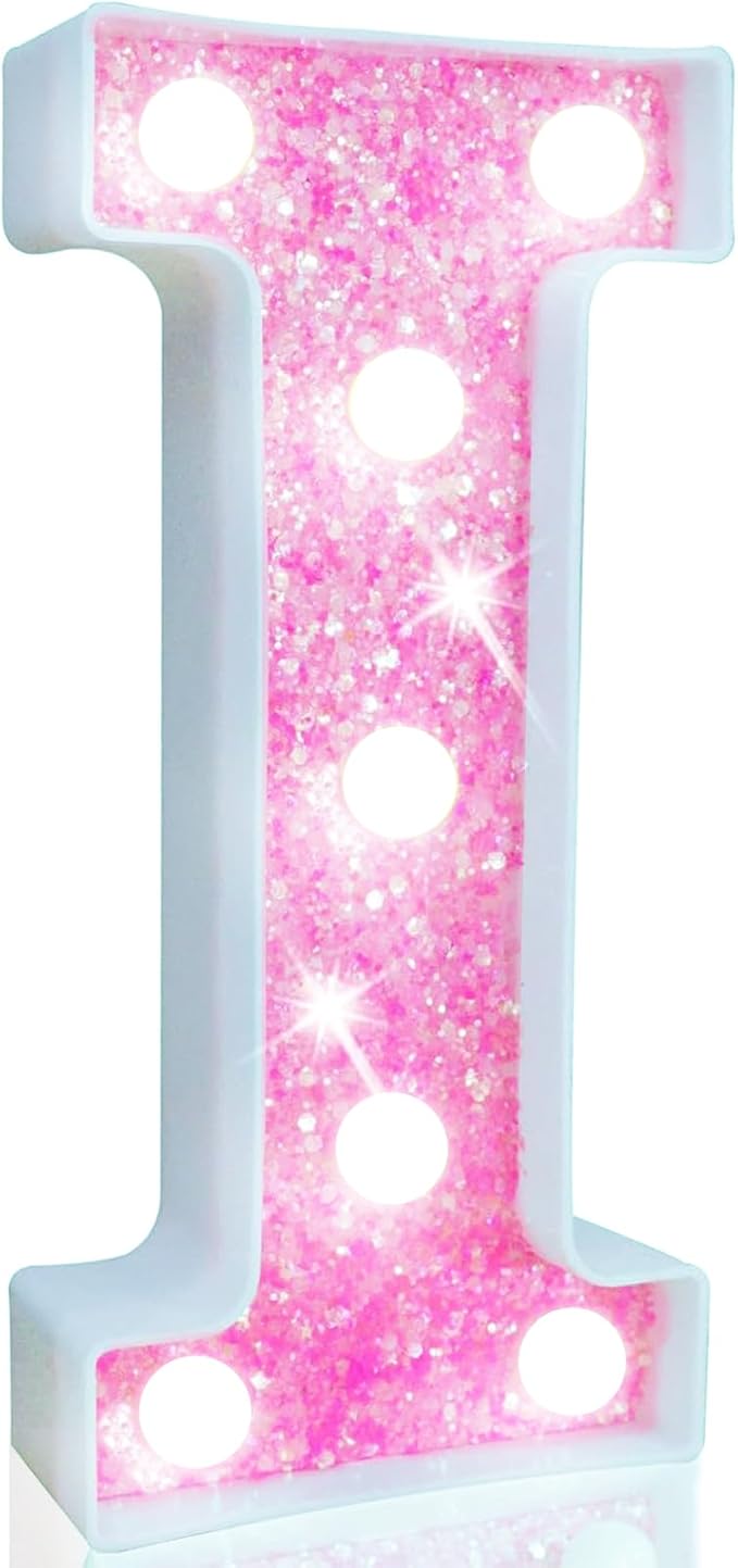 Pooqla LED Marquee Letter Lights, Light Up Letters for Birthday Decorations, Glitter Letter Sign Battery Powered Night Light Pink Party Wedding Christmas Girls Gift Bedroom Dorm Decor, Cool White I