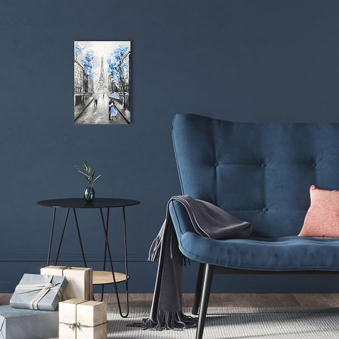 YPY Blue Floral Paris Canvas Wall Art: Blue Flower Grey Eiffel Tower Picture for Bathroom Decor, Painting Textured Street Scenery Print Modern Artwork Home Decoration 10 x 15