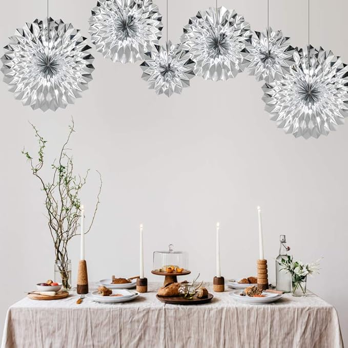 Hanging Paper Fans Party Set, Silver Round Pattern Paper Garlands Decoration for Birthday Baby Shower Graduation Retirement, Set of 6