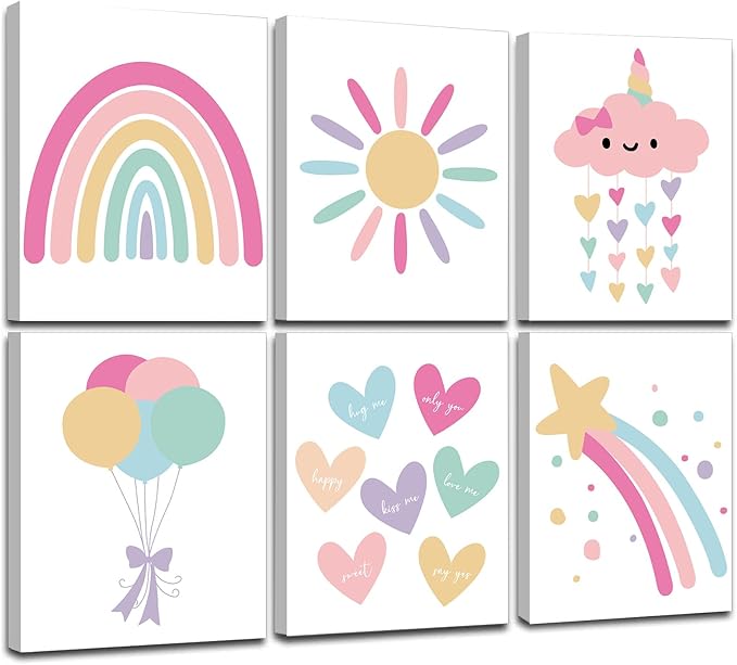 FRAMED Rainbow Wall Decor for Girls Bedroom, Canvas Rainbow Wall Art, Colorful Wall Decor Prints for Nursery Toddler Girls Room Decor (Set of 6, 8x10 Inch, Framed)