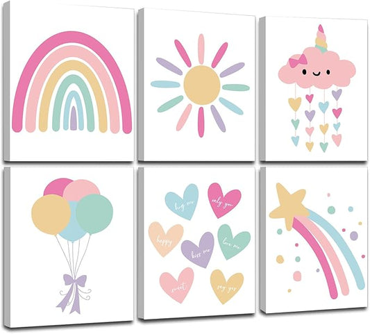 FRAMED Rainbow Wall Decor for Girls Bedroom, Canvas Rainbow Wall Art, Colorful Wall Decor Prints for Nursery Toddler Girls Room Decor (Set of 6, 8x10 Inch, Framed)